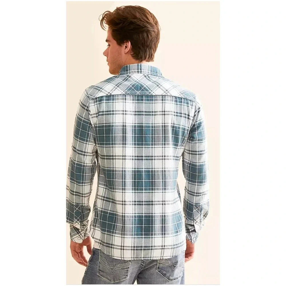 BKE‎ Western Snap Shirt Mens Large Teal White Plaid Tailored Fit  Condition